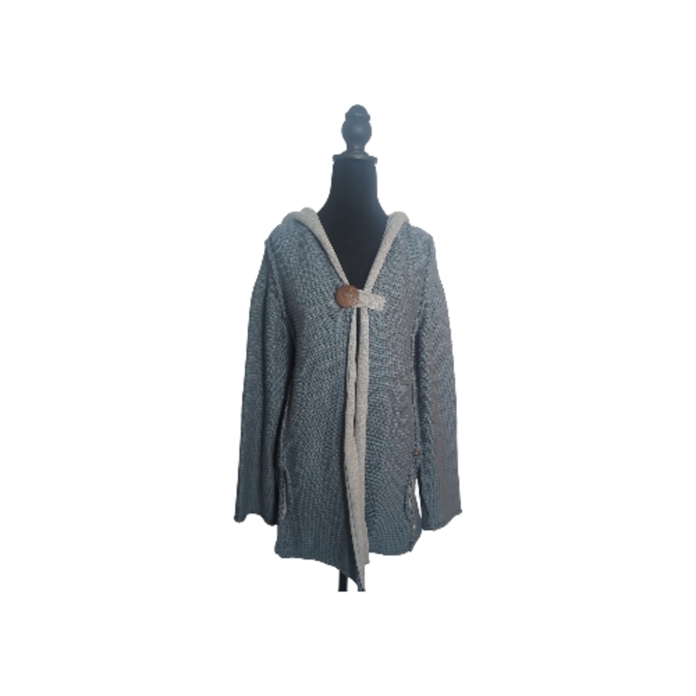Pure Handknit Medium Large Dusty Blue Tunic Length Sweater Button Toggle Cottage